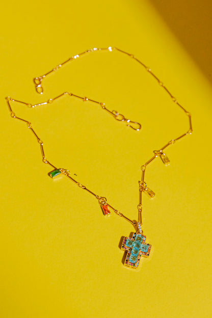 Gold Mini Cross Necklace - Blue
