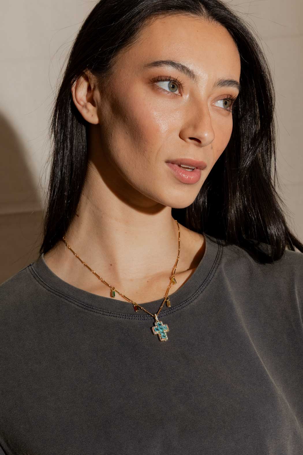 Gold Mini Cross Necklace - Blue