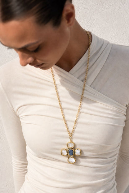 Gold Lapis Cross Necklace
