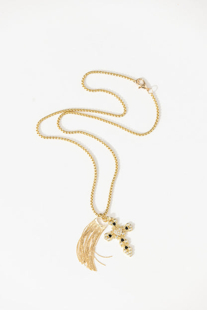 Gold Cross Tassel Necklace