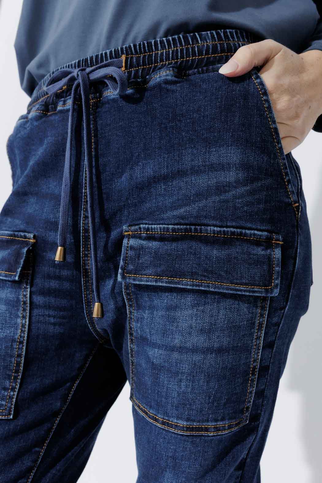 Dark Denim Pull On Cargo Jean