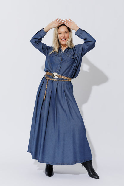 Dark Denim Tencel Pleat Skirt