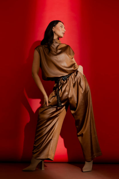 Chocolate Embossed Funnel Neck Top