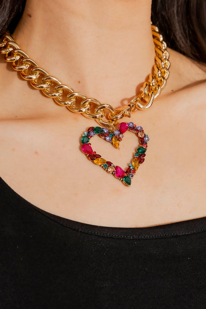 Gold Rhinestone Heart Necklace Gold O/S