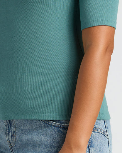 Womens Stormcloud Ribbed 3/4 Sleeve Scoop Neck Tee