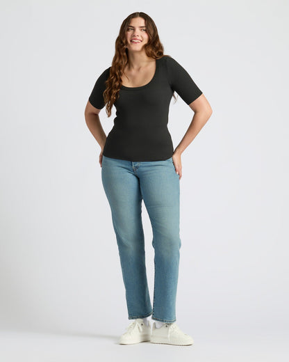 Womens Black Ribbed 3/4 Sleeve Scoop Neck Tee