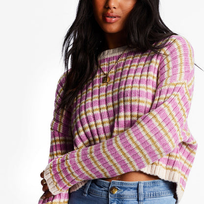 Billabong Womens In A Daze Cropped Striped Jumper - Bright Orchid