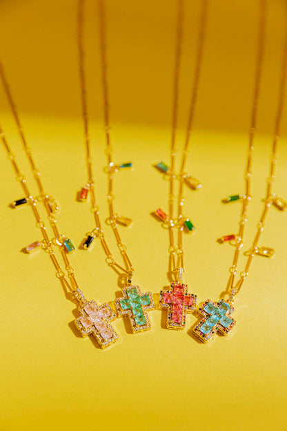 Gold Mini Cross Necklace - Green